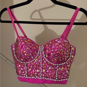 Lydia Hot Pink Jeweled Bustier Crop Top